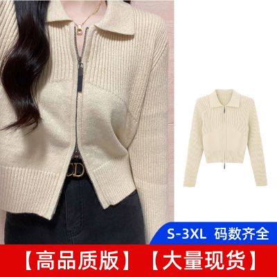 法式polo领短款拉链开衫毛衣女春秋2023新款设计感针织衫打底上衣