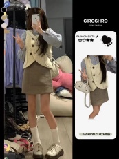 早春装奶系穿搭秋冬季一整套高级感韩剧小香风马甲衬衫两件套装女