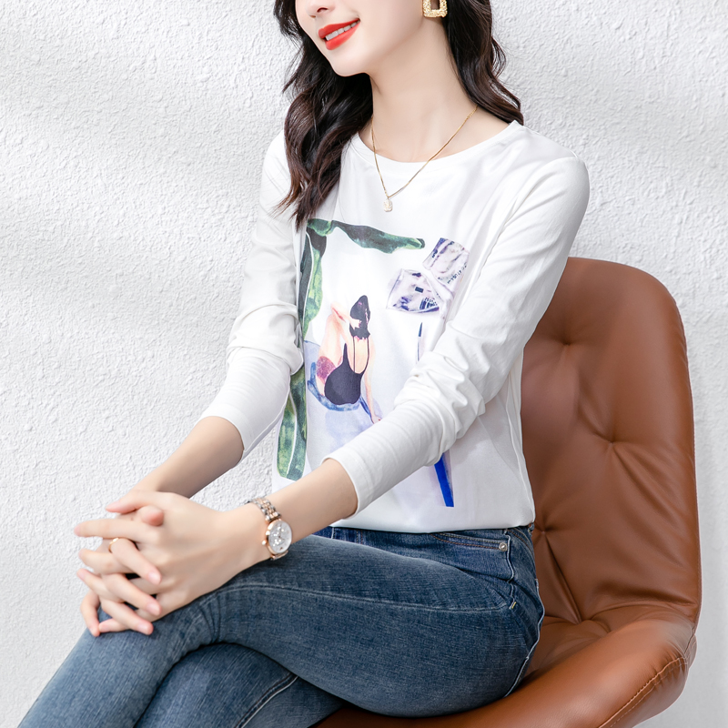 MY17726# 新款重磅仿真丝T恤宽松内搭长袖印花白色圆领打底上衣女裝貨...