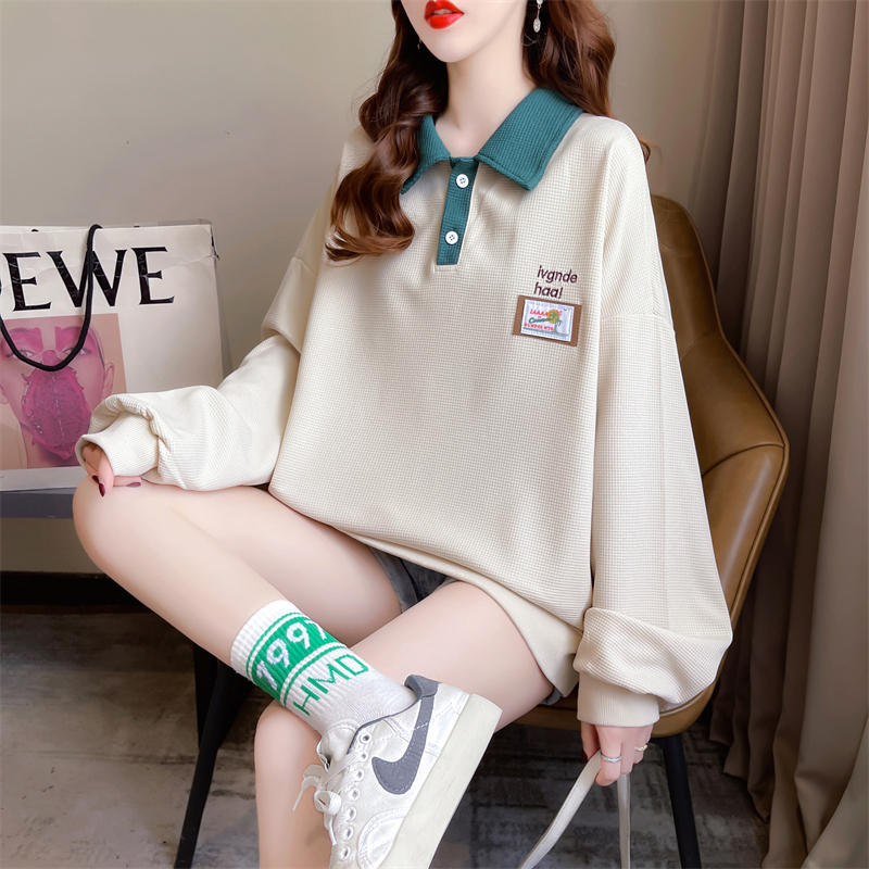 Actual shot of 2024 spring Korean style loose back bag collar waffle POLO collar embroidered large size thin sweatshirt for women