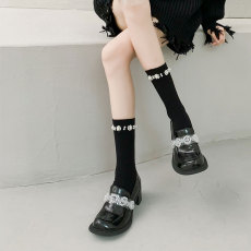 批发珍珠袜子女春夏纯棉小腿袜日系甜美ins潮黑白中筒百搭JK风<b class='q'>长筒袜</b>