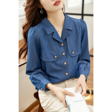 批发法式蓝色牛仔衬衫女春季新款港味复古衬衣气质宫廷风高端小衫上衣