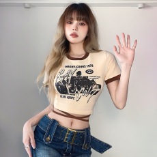 批发<b class='q'>欧美</b>风跨境夏季新款性感修身时尚印花圆领绑带束腰露脐T恤女