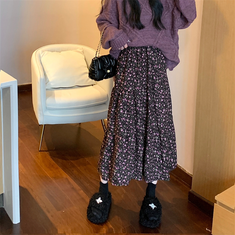 實拍~溫柔風碎花高腰a字裙半身裙甜美淑女花朵印花大擺中長裙