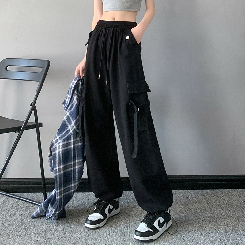 Retro versatile workwear casual pants spring and summer new women's multi-pocket design drawstring wide-leg trousers