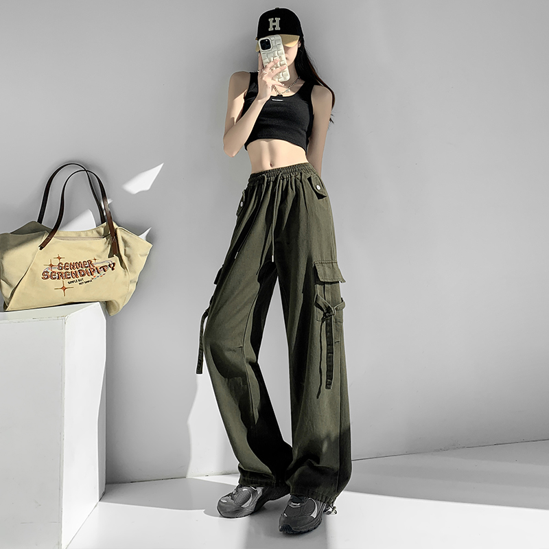 Retro versatile workwear casual pants spring and summer new women's multi-pocket design drawstring wide-leg trousers