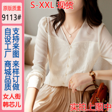 批发い又纯又欲精致立体刺绣<b class='q'>网纱</b>长袖/法式V领气质衬衫女ELCY55296