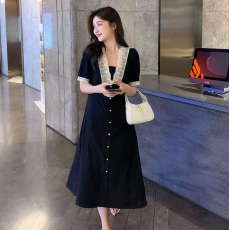 批发夏装新款气质V领大码中长款收腰连衣裙女<b class='q'>赫本</b><b class='q'>风</b>小黑裙M-4XL200斤