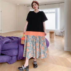 批发实拍 夏新款 长款大码拼接拼色长袖连衣裙