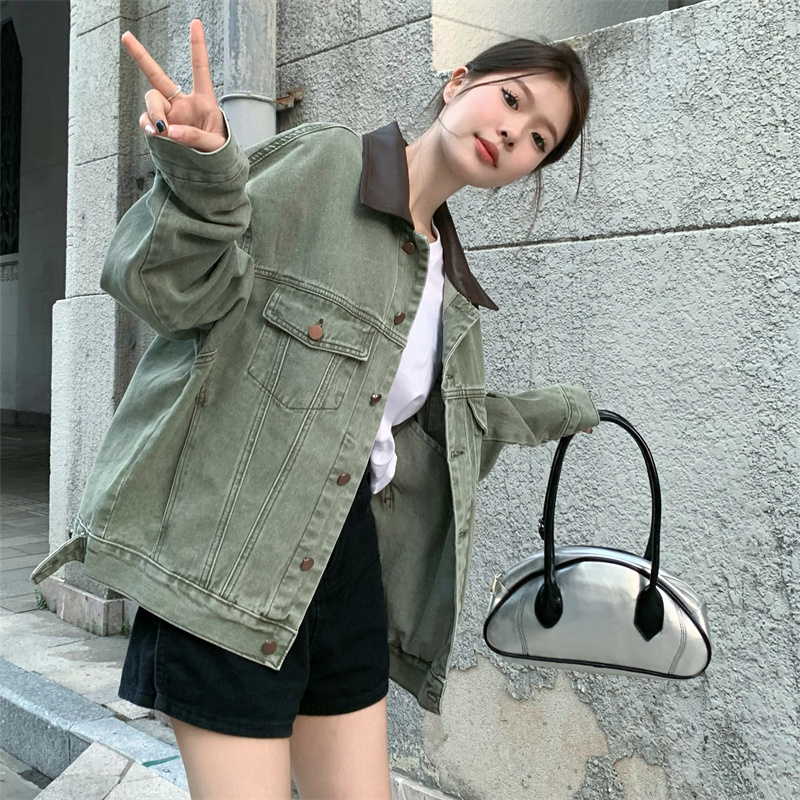 Real-stock large size fat M color-blocked collar denim jacket design niche American retro high-end top