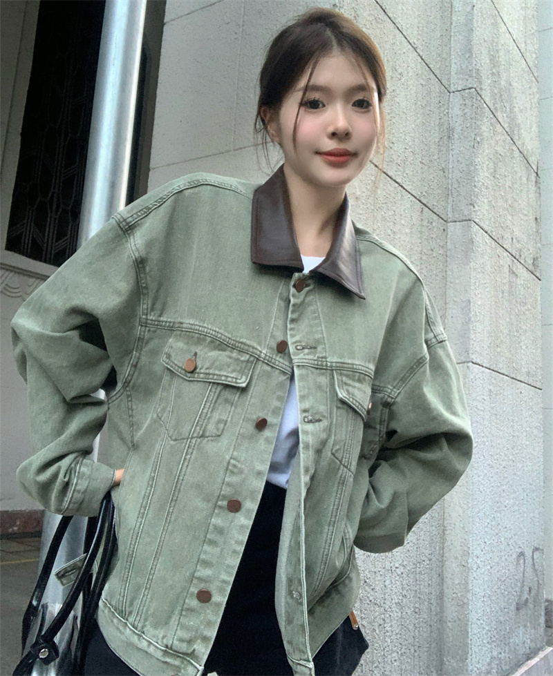 Real-stock large size fat M color-blocked collar denim jacket design niche American retro high-end top