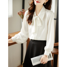 批发灯笼袖春季新款蝴蝶结衬衫白色通勤衬衣女正装飘带设计感职业上衣