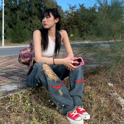 2023春夏美式辣妹破洞牛仔裤女公路旅行宽松拖地裤韩版时尚长裤子