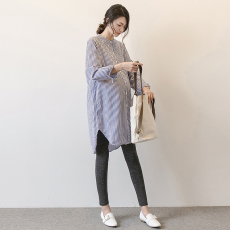 批发实拍  孕妇装2023秋<b class='q'>冬</b>新款条纹长袖衬衫裙中长款显瘦职业衬衣