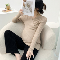 批发实拍 孕妇 秋冬胸前交叉可哺乳修身纯色打底孕妇毛衣大码女装