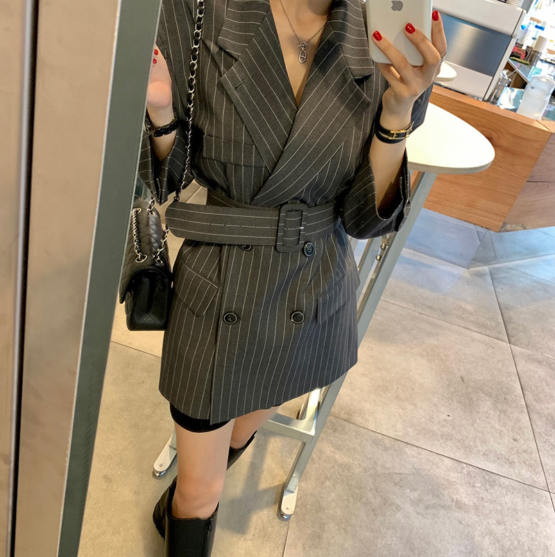한국 ins 고급 센스 세로 줄무늬 루즈핏 세련된 블레이저 벨트 포함