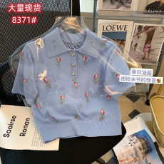 小香风小花短袖针织衫女夏季奶甜系蓝色短款Polo衫减龄超好看上衣