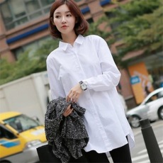 批发春秋新款纯棉中长款打底长袖白衬衫宽松显瘦<b class='q'>大码</b><b class='q'>女装</b>衬衫女纯色