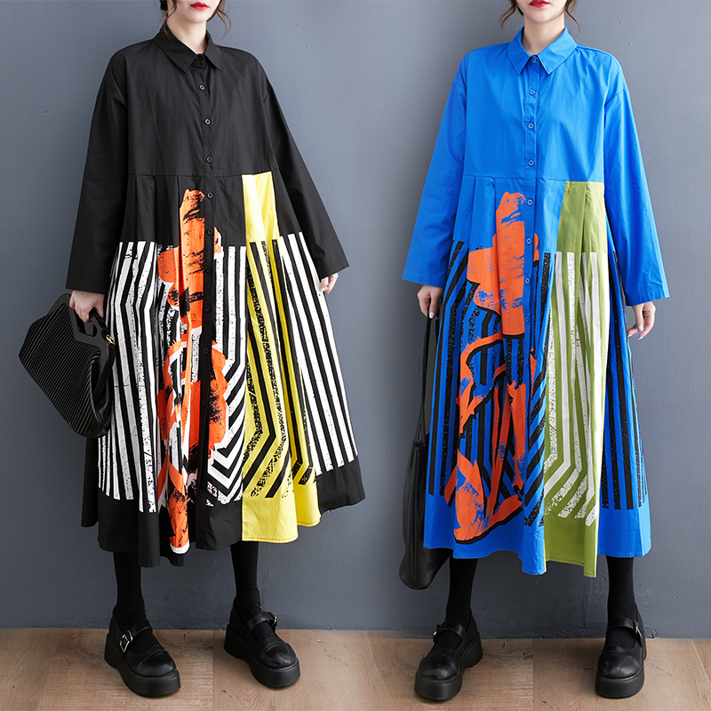 MY16253# 新款宽松大码印花拼接休闲简约甜美长袖连衣裙女裝貨源服裝批...