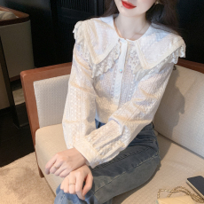 2023春秋季新款百搭洋气上衣女气质花边V领蕾丝法式甜美别致衬衫