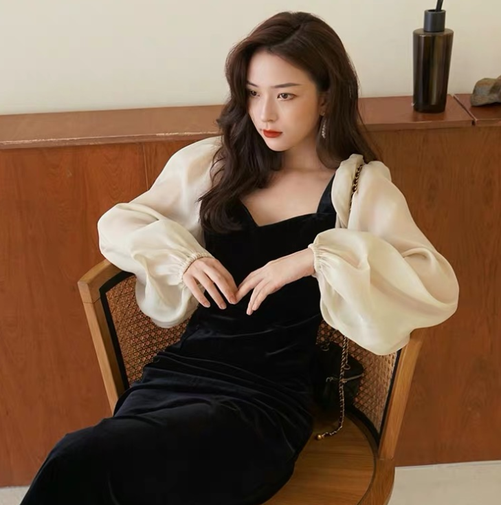 가을 의상 새로운 한국 스타일 금사 벨벳 드레스 광장 칼라 거품 소매 빅 사이즈 슬림해 보이는 드레스