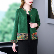 批发.2023春新款女秋装拼接立领加厚外套妈妈春秋唐装龟裂纹上衣