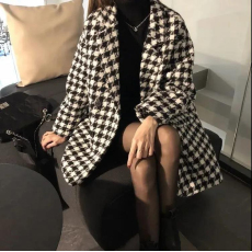 批发今夕o毛呢外套<b class='q'>女</b>秋冬季韩系宽松中长款加厚呢子大衣口袋<b class='q'>西装</b>格子