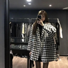 批发秋冬季新款宽松毛呢外套女<b class='q'>千鸟格</b>中长款呢子大衣毛呢西装外套女