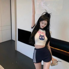 批发甜辣妹休闲时尚套装女小个子性感短款紧身打底衫短裤纯欲风两件套