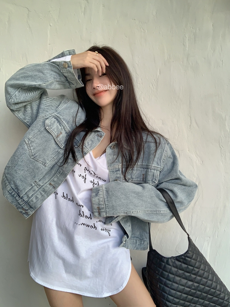 實拍實拍 寬鬆簡約T恤休閒套頭中長款圓領上衣+牛仔外套套裝女