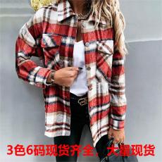 批发跨境春季女装新品亚马逊<b class='q'>欧美</b>格纹长袖开衫翻领单排扣休闲百搭外套