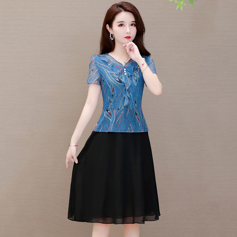 MY14390# 贵夫人连衣裙女夏装新款大码高贵气质假两件雪纺裙子女裝貨源服裝批發