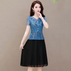 批发贵夫人连衣裙女<b class='q'>夏</b>装新款中年大码<b class='q'>妈妈装</b>高贵气质假两件雪纺裙子