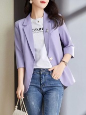 紫色小西装外套女2023新款夏薄款设计感小众七分袖休闲小个子西服
