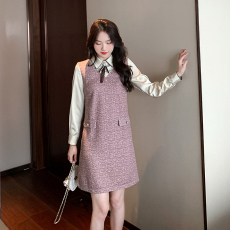 实拍  撞色拼接裙子2023年春冬新款简约气质假两件百搭连衣裙女