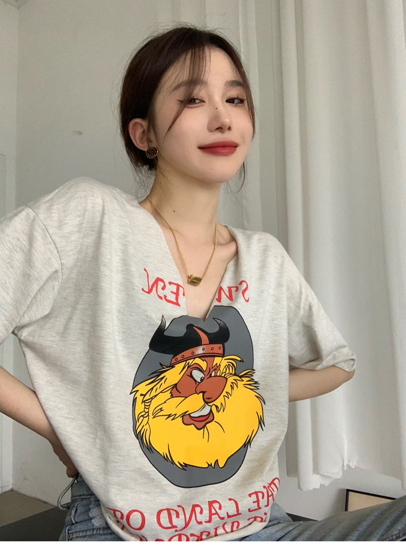 있음 선적 한국 스타일 새로운 당겨 프레임 면 홍콩 느낌 레트로 V넥 프린트 회색 반팔 티셔츠 여성 여름 루즈핏
