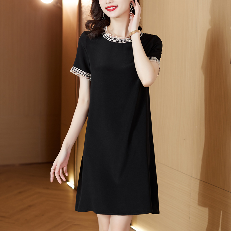 MY8737# 黑色真丝连衣裙女夏季洋气中年妈妈大牌高端气质小个子桑蚕丝裙...