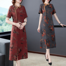 批发龟裂纹香云纱<b class='q'>连衣裙</b>女品牌真丝桑蚕丝高贵修身显瘦气质大码旗袍裙