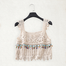 批发飞飞袖方领短款上衣女<b class='q'>泰国</b>波西米亚民族风度假沙滩针织小背心