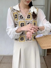 2023韩版网红款洋气针织钩花拼接长袖女秋季新款假两件雪纺衫上衣