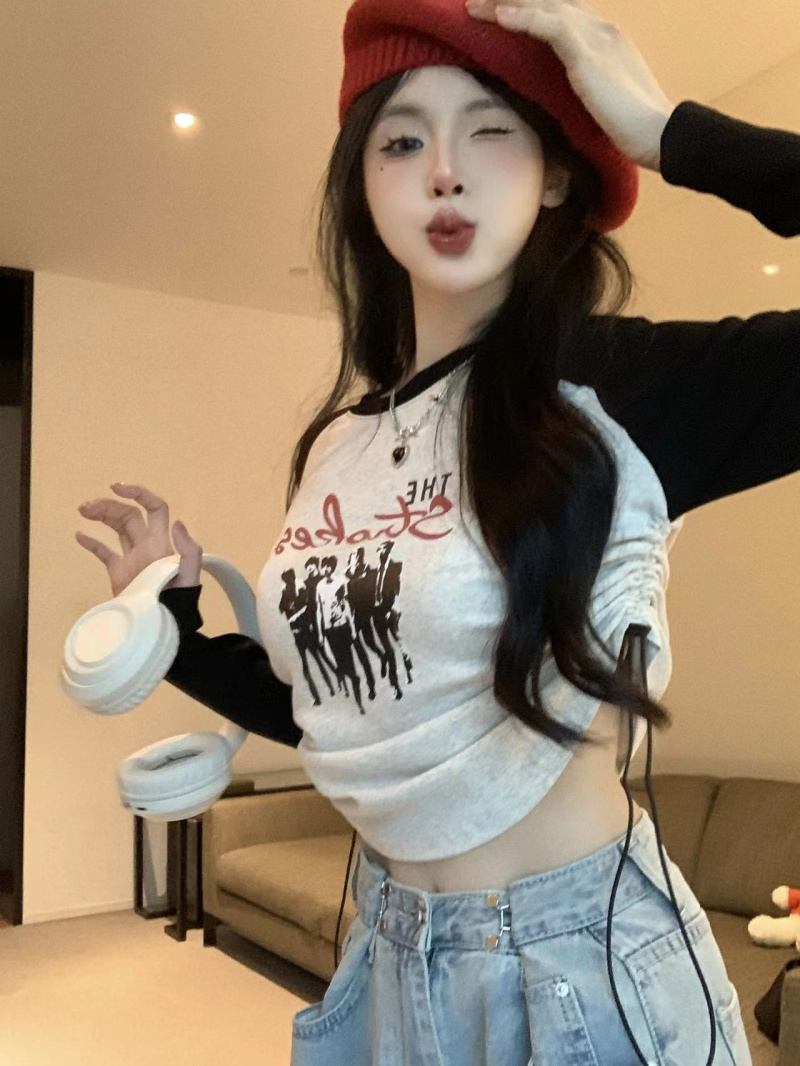 Real shot ~ hot girl raglan sleeves niche short bm slim fit bottoming shirt American retro long-sleeved top trendy