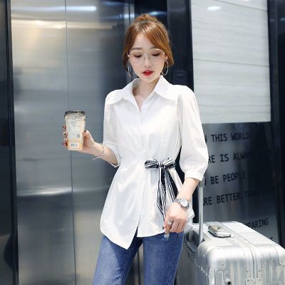 七分袖休闲衬衫女2022新款早秋上衣女不规则遮肚收腰衬衣气质百搭