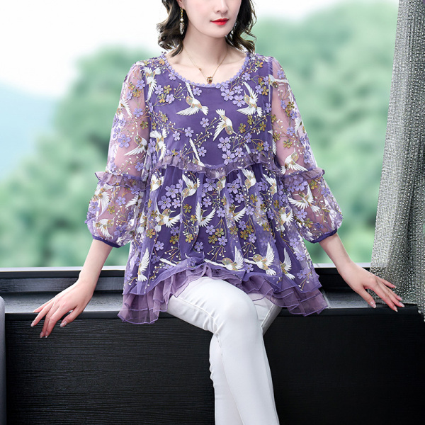 RM9170#春夏新款刺绣国风雅致刺绣衬衫雪纺衫