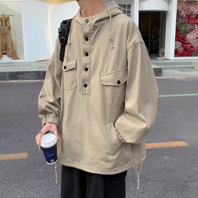 实拍日系复古连帽工装外套男春秋款学生潮流宽松百搭ins夹克上衣