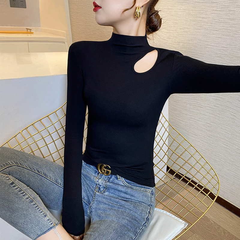 Half turtleneck hollow bottoming shirt for women with long-sleeved high-end tight-fitting spring and autumn black fashionable T-shirt top