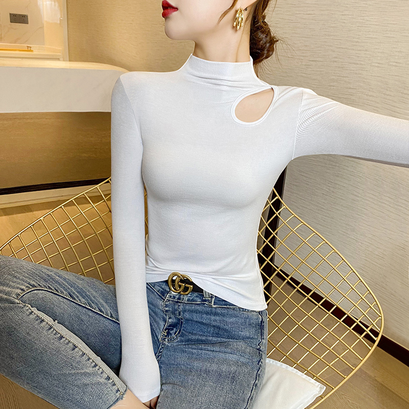 Half turtleneck hollow bottoming shirt for women with long-sleeved high-end tight-fitting spring and autumn black fashionable T-shirt top