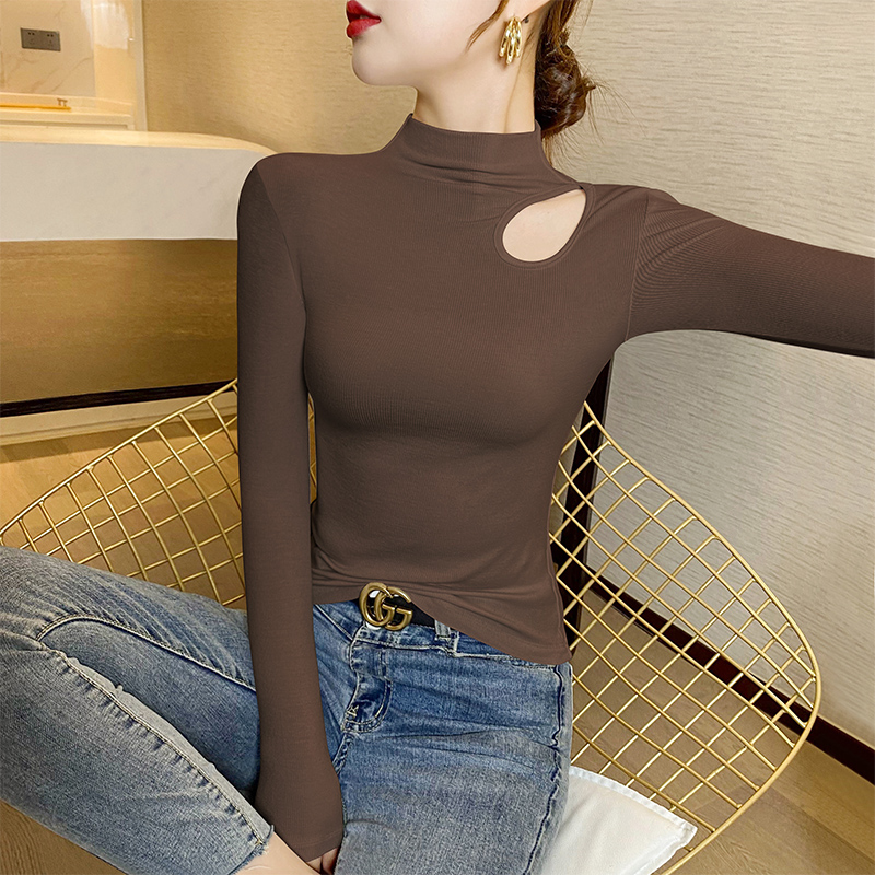 Half turtleneck hollow bottoming shirt for women with long-sleeved high-end tight-fitting spring and autumn black fashionable T-shirt top