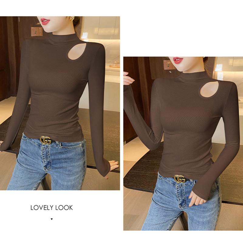 Half turtleneck hollow bottoming shirt for women with long-sleeved high-end tight-fitting spring and autumn black fashionable T-shirt top