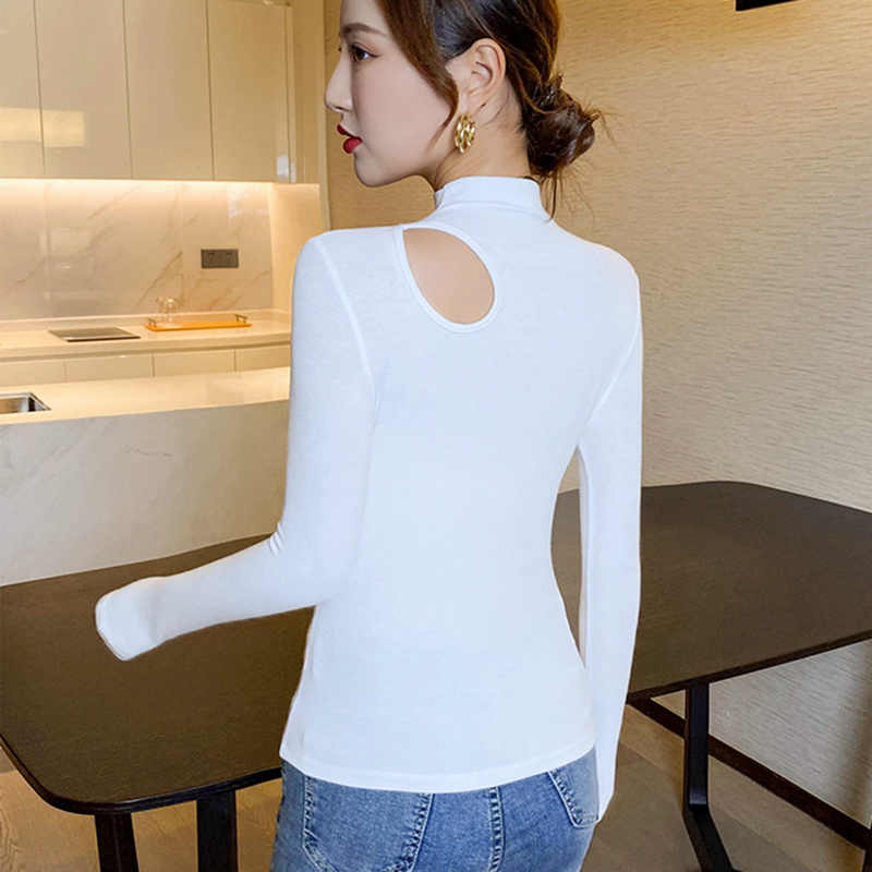 Half turtleneck hollow bottoming shirt for women with long-sleeved high-end tight-fitting spring and autumn black fashionable T-shirt top