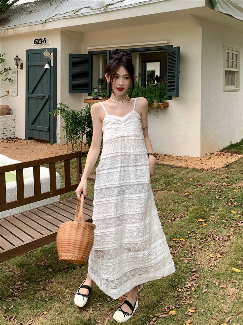 정가 실사 달콤한 매운맛 레이스 슬립 드레스 봄 드레스 부드러운 바람 루즈핏 슬림해 보이는 중간 길이 화이트 치마